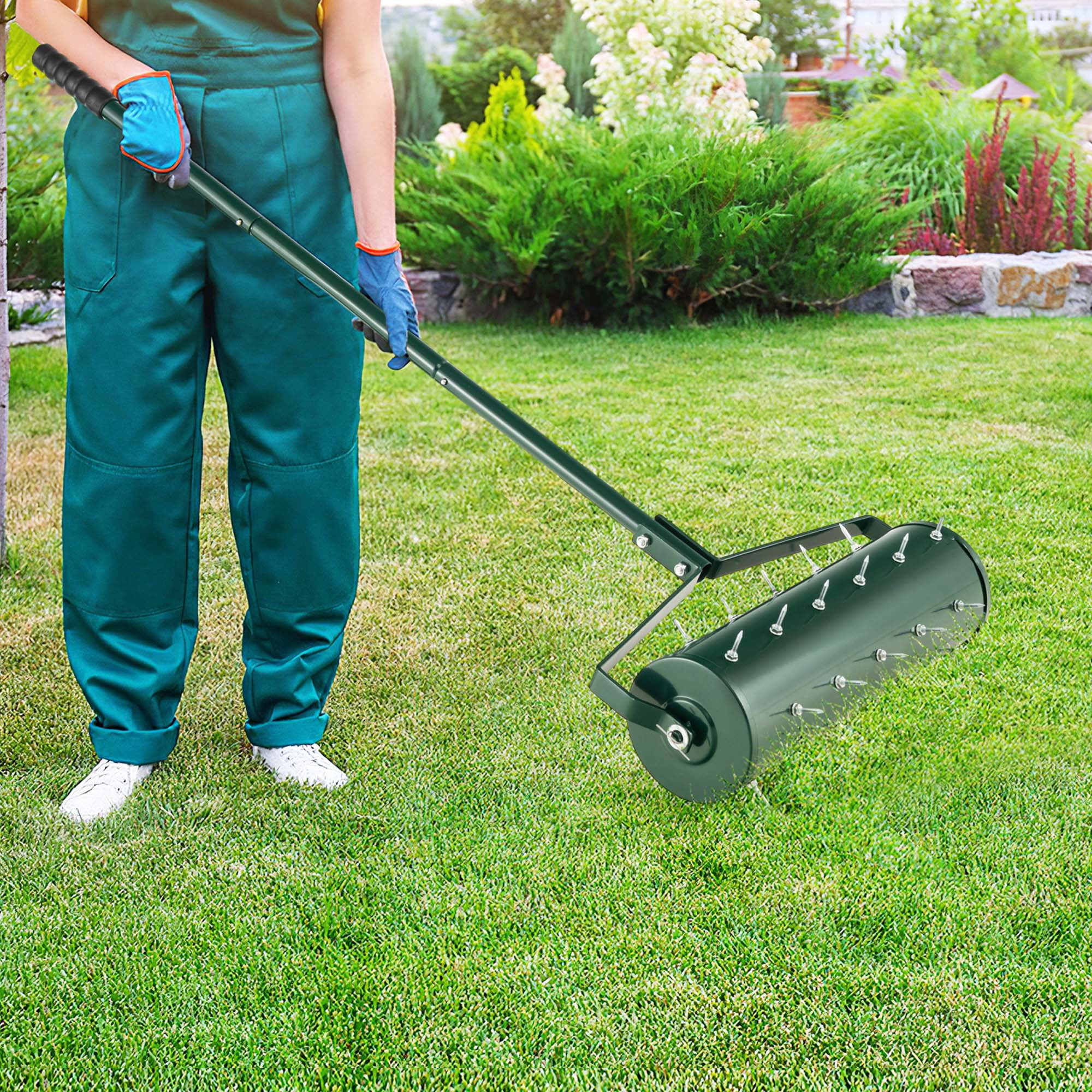 Costway 21" Manual Lawn Aerator Heavy Duty Rolling Push Grass Aeration Tool with Handle Filled with Sand or Stone Green