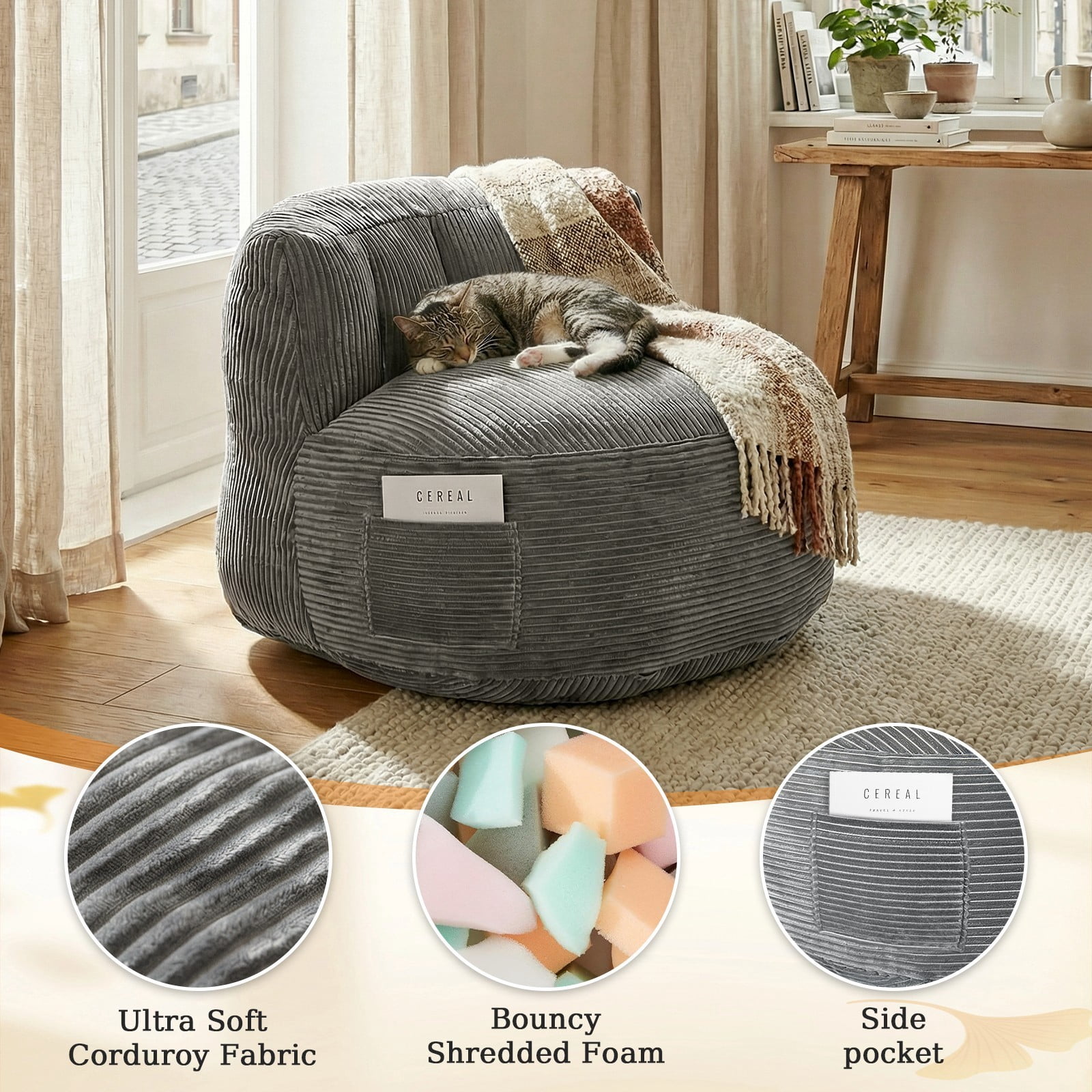 TOPCHANCES Large Bean Bag Chair for Adults, Crushed Foam Floor Chair with Storage Pocket & Carry Handle,  Indoor Lazy Lounger Sofa for Living Room Bedroom, Dark Gray