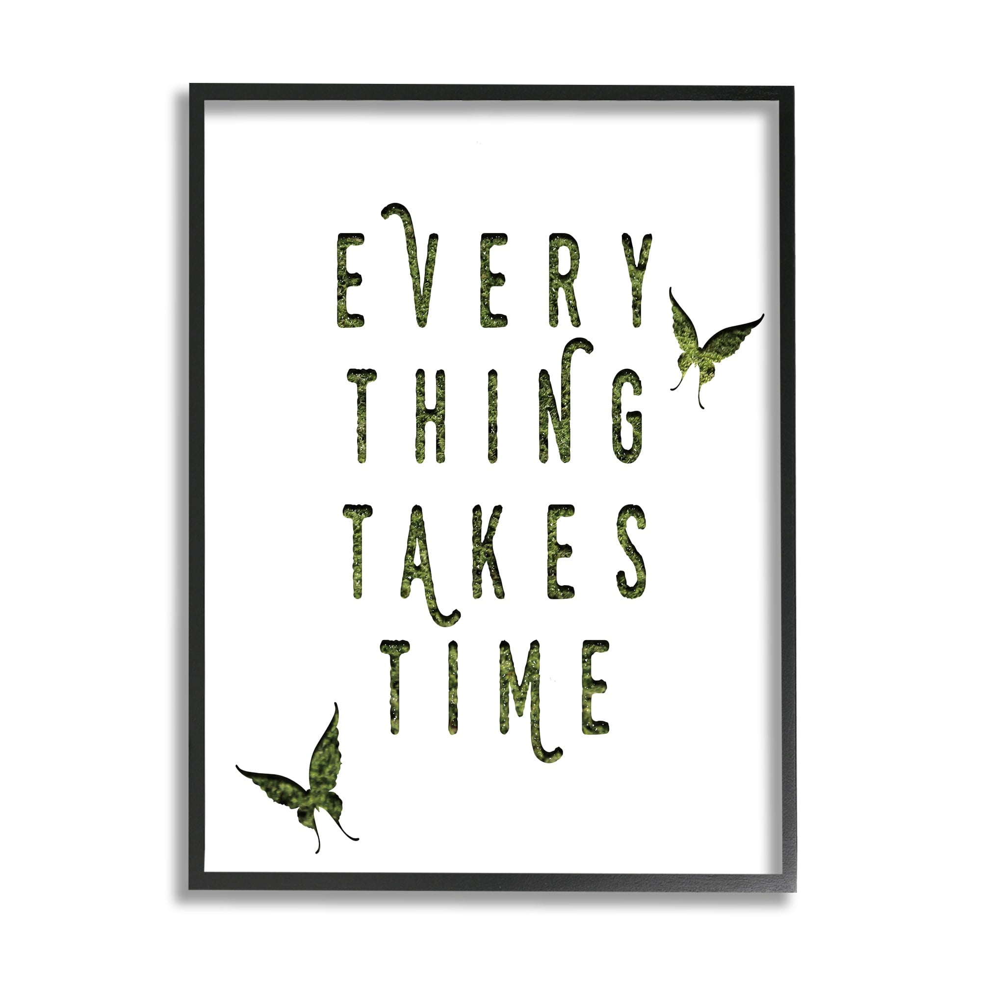 Stupell Industries Everything Takes Times Phrase Butterflies Grass Pattern Inspirational Painting White Framed Art Print Wall Art, 16 x 20