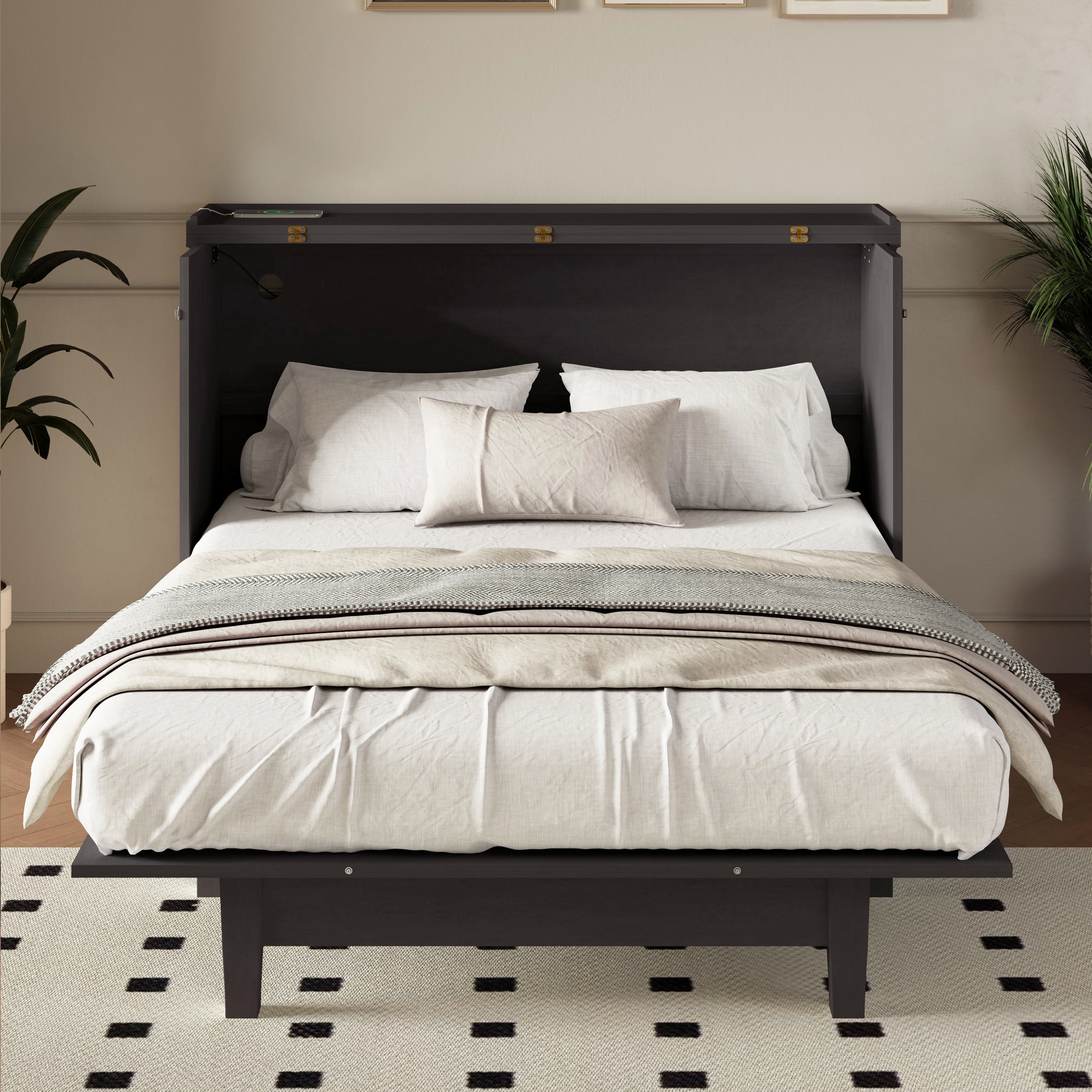 Euroco Wood Queen Size Murphy Bed with Drawers and USB Charging, Convertible Bed for Adults, Gray