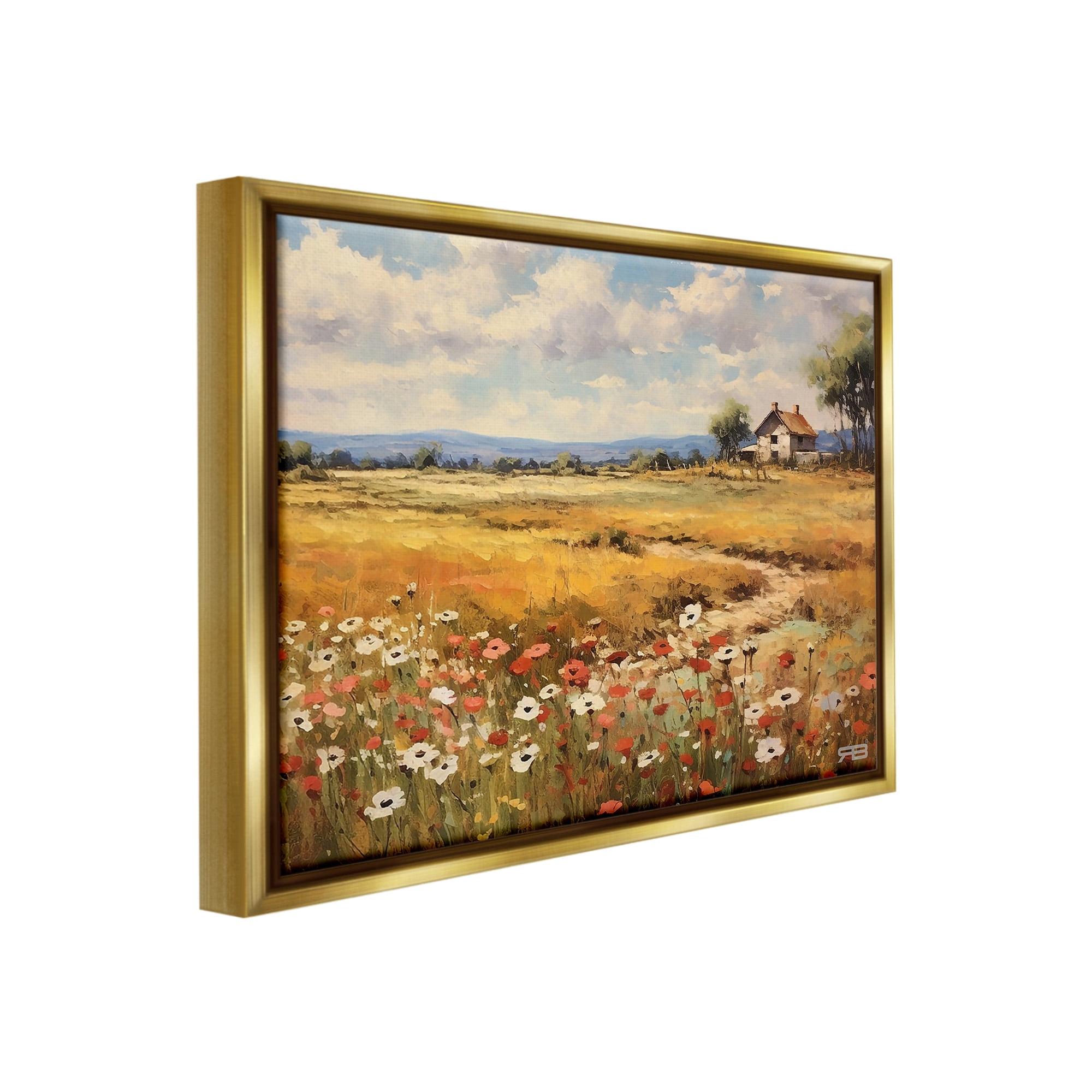 Stupell Industries Countryside Poppy Meadow Landscape Painting Gold Floater Framed Canvas Art Print Wall Art, 31 x 25