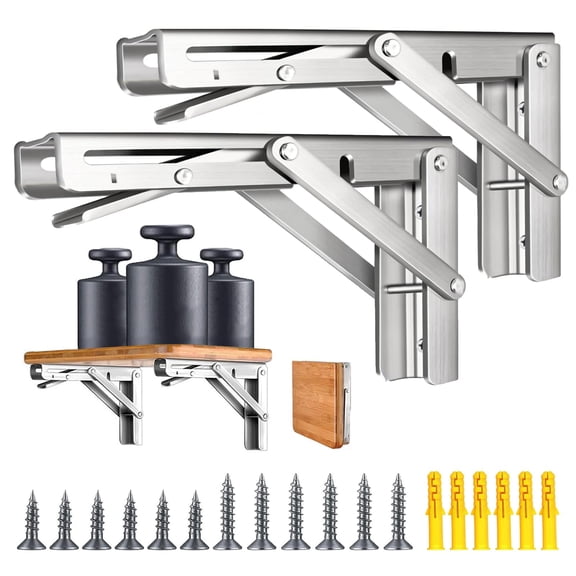 16'' Folding Shelf Brackets Max. Load 580 lb, Heavy Duty Stainless Steel DIY Wall Mounted Shelf Bracket Space Saving for Table Work Bench, 2 Pack