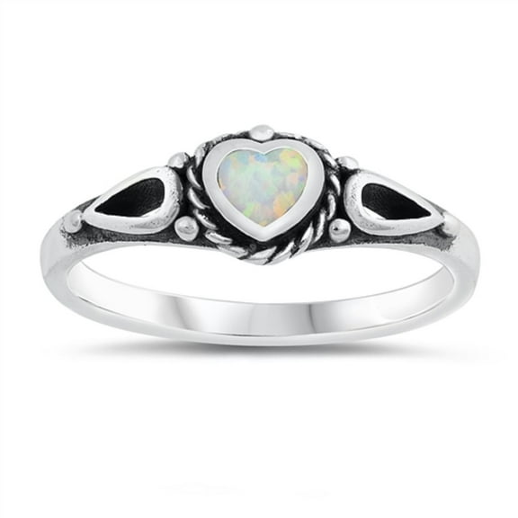 Heart Shape White Simulated Opal Antique Design Ring Sterling Silver Size 10