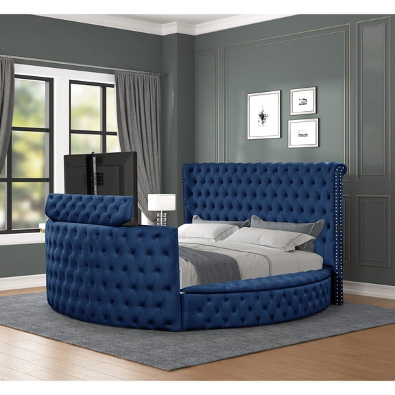 Wood Queen Bed In Blue, With Fashion-forward Crystal Details For Bedroom Style Modern Blue Construction And Headboard
