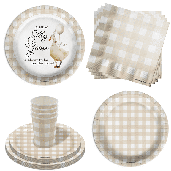A Silly Goose Is On The Way Baby Shower Party Supplies - 64 Piece Baby Shower Tableware Set Includes Large 9" Dinner Plates and 8" Dessert Paper Plates Napkins Cups - Kit for 16