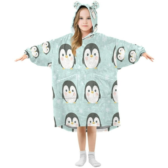 Cute Penguin Seamless Wearable Blankets Hoodie Oversize Sherpa Wearable Soft Blanket Warm Cozy 3-14 Age