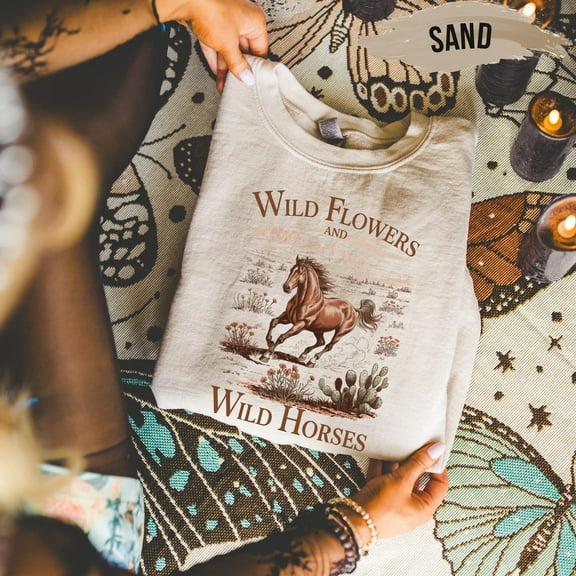 Velto Wild Horses & Flowers Sweatshirt: Western Graphic Sand Crewneck All Size S-5XL