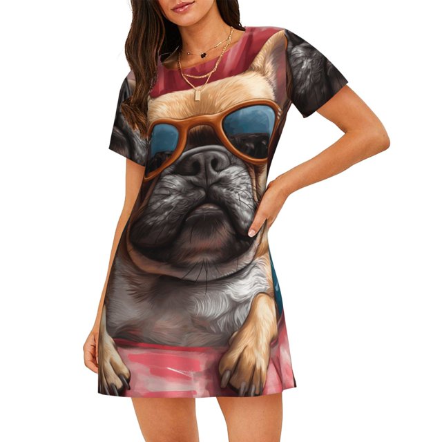 Vsdgher Bouledogue Français avec Motif de Lunettes de Soleil Chemise de Nuit à Manches Courtes Col Rond Mignonne Robe de Nuit Confortable