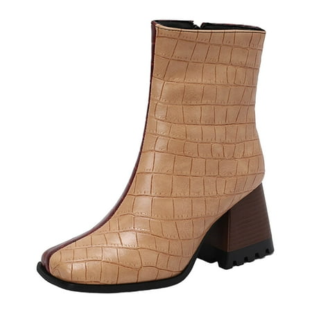 

ZMHEGW Boots for Women Leather Square Toe High Heel Patchwork Colorblocking Multi Pattern Mid Calf Large Size Ankle Booties Short Boots Shoes