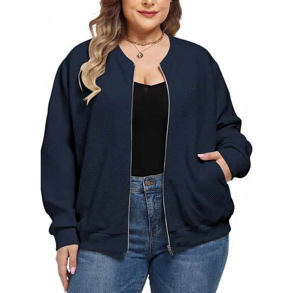 NAYTOAO Women's Plus Size Bomber Jacket, Relaxed Fit Textured Long Sleeve Zip‑Up Outerwear with Pockets for Spring Fall