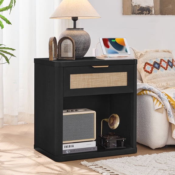 LELELINKY Rattan Nightstand with Charging Station, 23" Wide Bedside Table with Drawer & Open Shelf, Boho Modern Nightstand for Bedroom, Living Room, Hallway