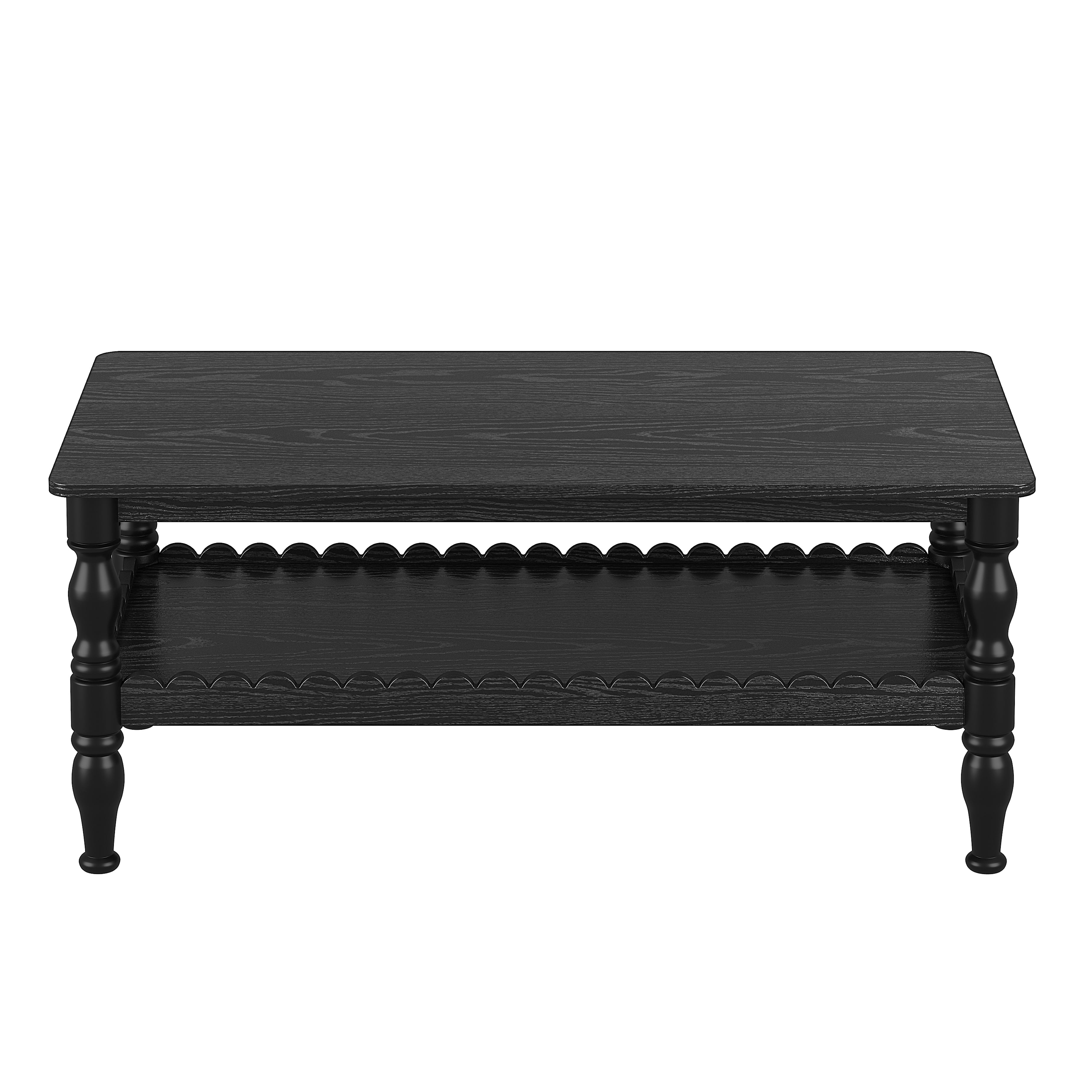 Aukfa 43.3" Modern Wave Edge Coffee Table with 2 Tier Storage Shelf, Rectangle Wood Table with Solid Wood Legs for Living Room,Black