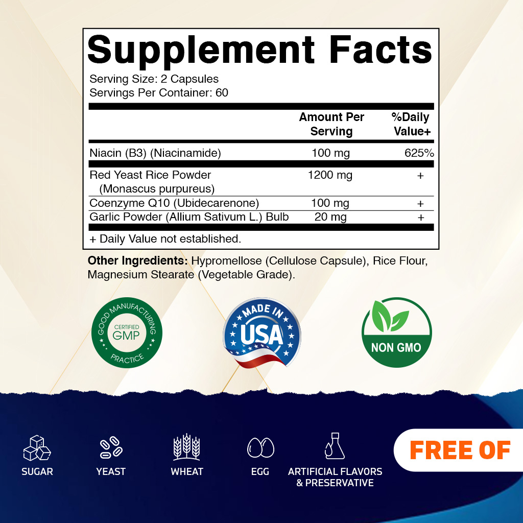(2 pack) Vitamatic Citrinin-Free Red Yeast Rice 1200 mg. Capsules with CoQ10 100mg, Flush Free Niacin 100mg, & Garlic Powder 20mg - 120 Veg Capsules
