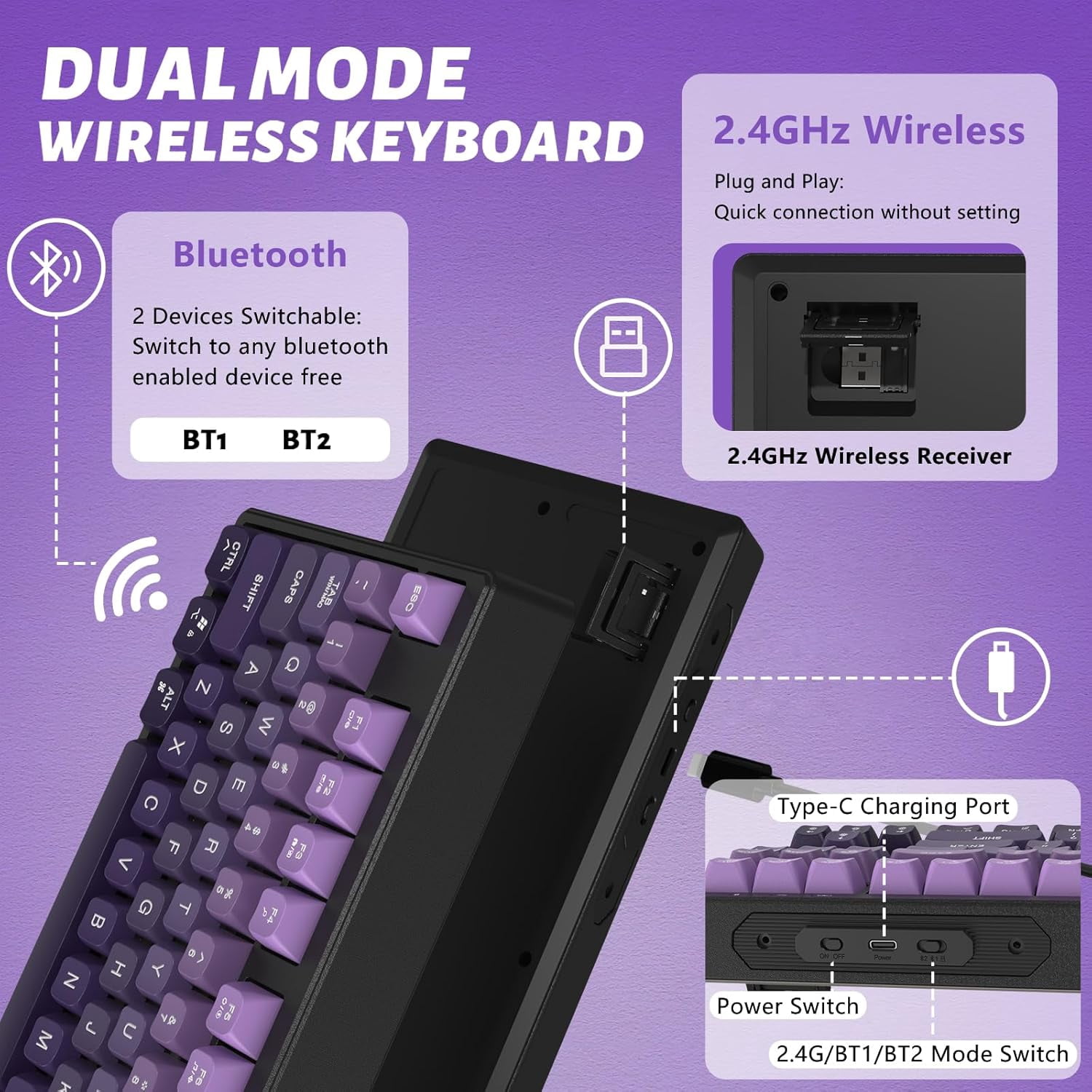 ATTACK SHARK M87 80% Wireless Gaming Keyboard,87 Keys TKL Mechanical Feeling SA PBT Keyboard, Bluetooth 5.0/2.4Ghz Dual Mode Pc Gaming Keyboards for Silent Office/Gaming(Purple)