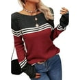 thumbnail image 2 of Women Fall Fashion Sweaters Colorblock Striped Crewneck Winter Trendy Pullover Tops Wine Red XXL, 2 of 5