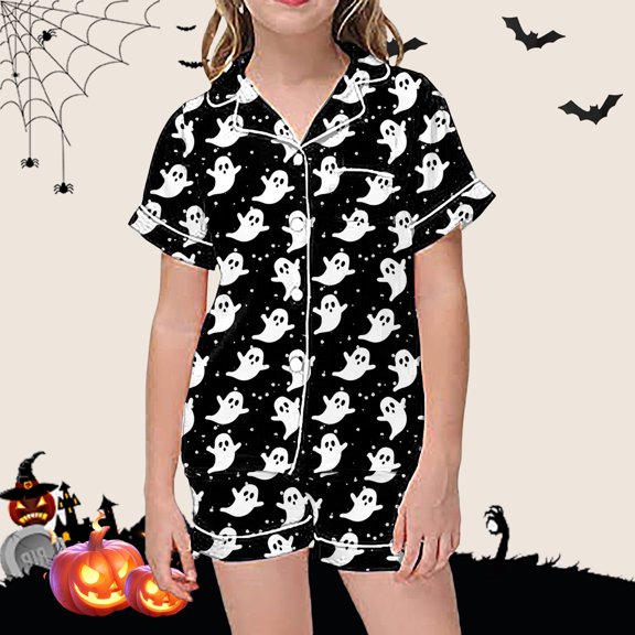 BOOMNY Halloween Girls 2 Peice Pajamas Sets Hallowmas Pumpkin Ghost Graphic Short Sleeve Buttons Sleepwear Tops Shorts Pjs Set for Kids Cozy Loungewear Homewear