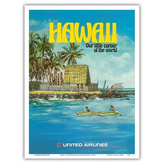 Hawaii - United Airlines - City of Refuge Honaunau Bay - Vintage Airline Travel Poster by Michael Hagel c.1970s - Master Art Print (Unframed) 9in x 12in