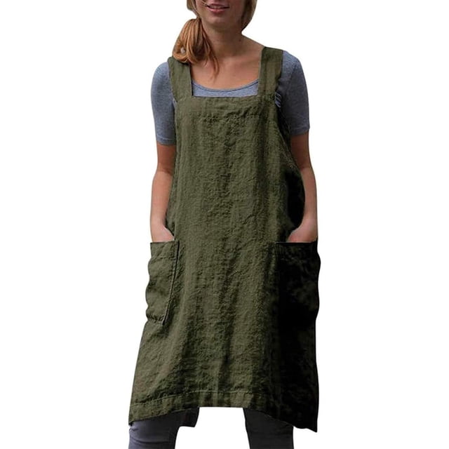 Laklulu Delantal delantal con espalda cruzada y bolsillos, delantal de lino y algodón, vestido de talla grande
