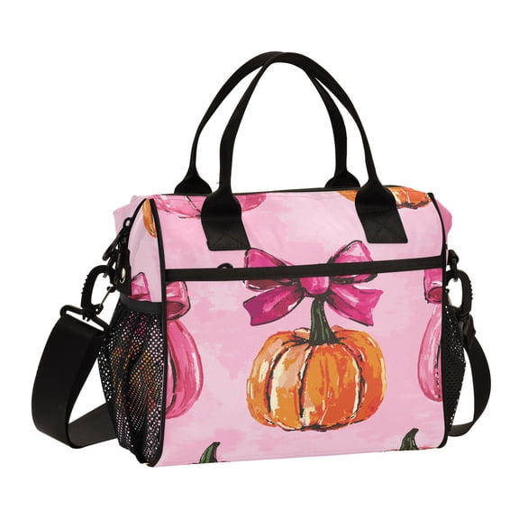 Ckdifva Pink Pumpkins and Bows Cooler Bag Cooler Cooling Tote Lunch Bag Lunch Box Front Pocket with Shoulder Strap
