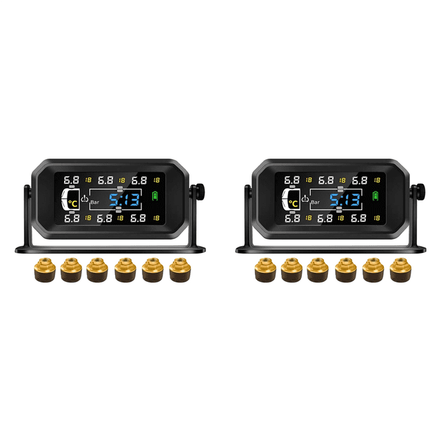 2X RV Truck TPMS 6 Wheels Sensor Solar Tire Pressure Monitoring System Temperature Clock Air Pressure Display Alarm B,2 x Car RV Truck TPMS 6 Wheels Sensor,Black