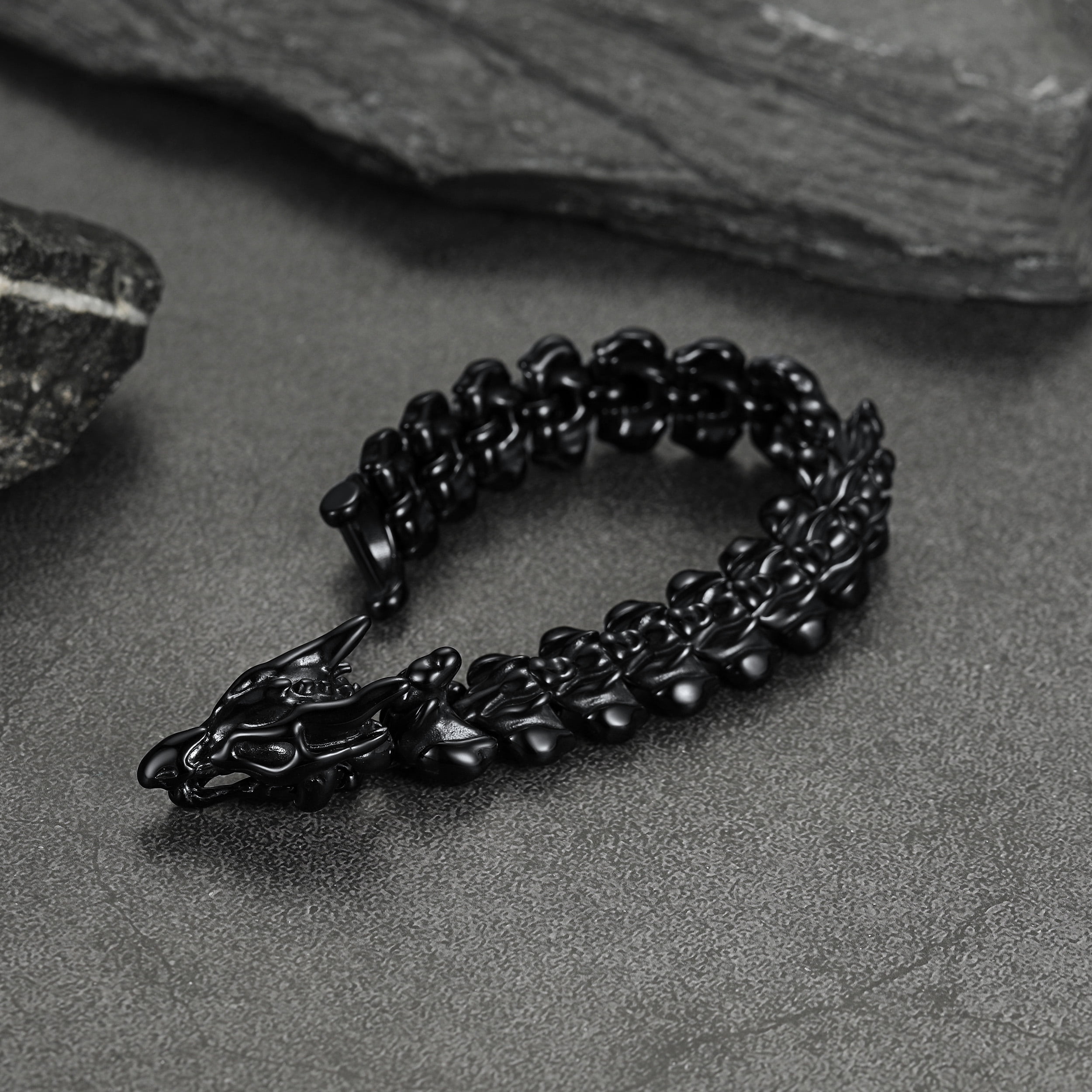 FaithHeart Viking Dragon Bracelet for Men with Always Remember Card, Vintage Black Stainless Steel Gothic Curb Link Chain Bracelet Fahion Hippop Jewelry Gift for Friends Thanksgiving 23MM