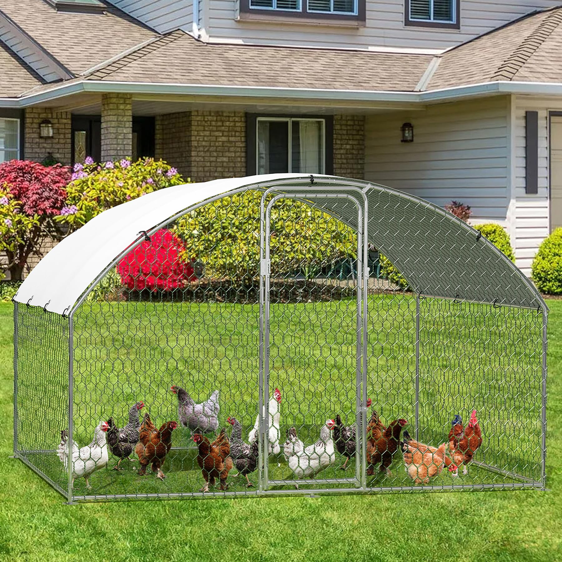 Large Metal Chicken Coop, Large Chicken Coop for Yard, Walk-in Poultry Cage with Waterproof and Anti-Uv Cover, Chicken Run for Outdoor Backyard Farm, Doom Roof, 9.8×6.5×6.5ft,Silver