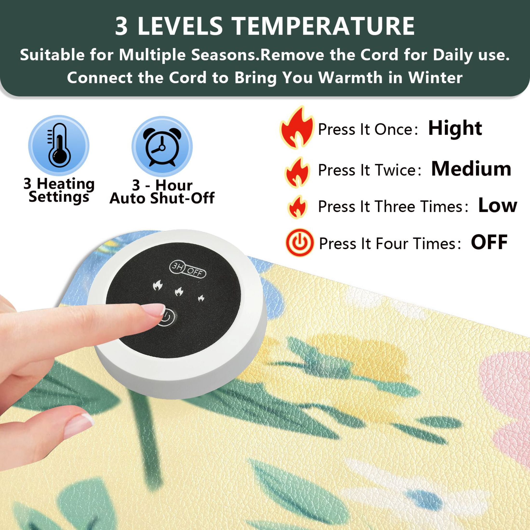 Large Heated Desk Mat Mouse Pad 31.5"x13"PU Leather Graphene Heating Desk Warmer with 3 Temperature Settings 110V US Plug Non-Slip Warm Pad for Home, Office, and Gaming Sweet Buttercup Floral Bloom