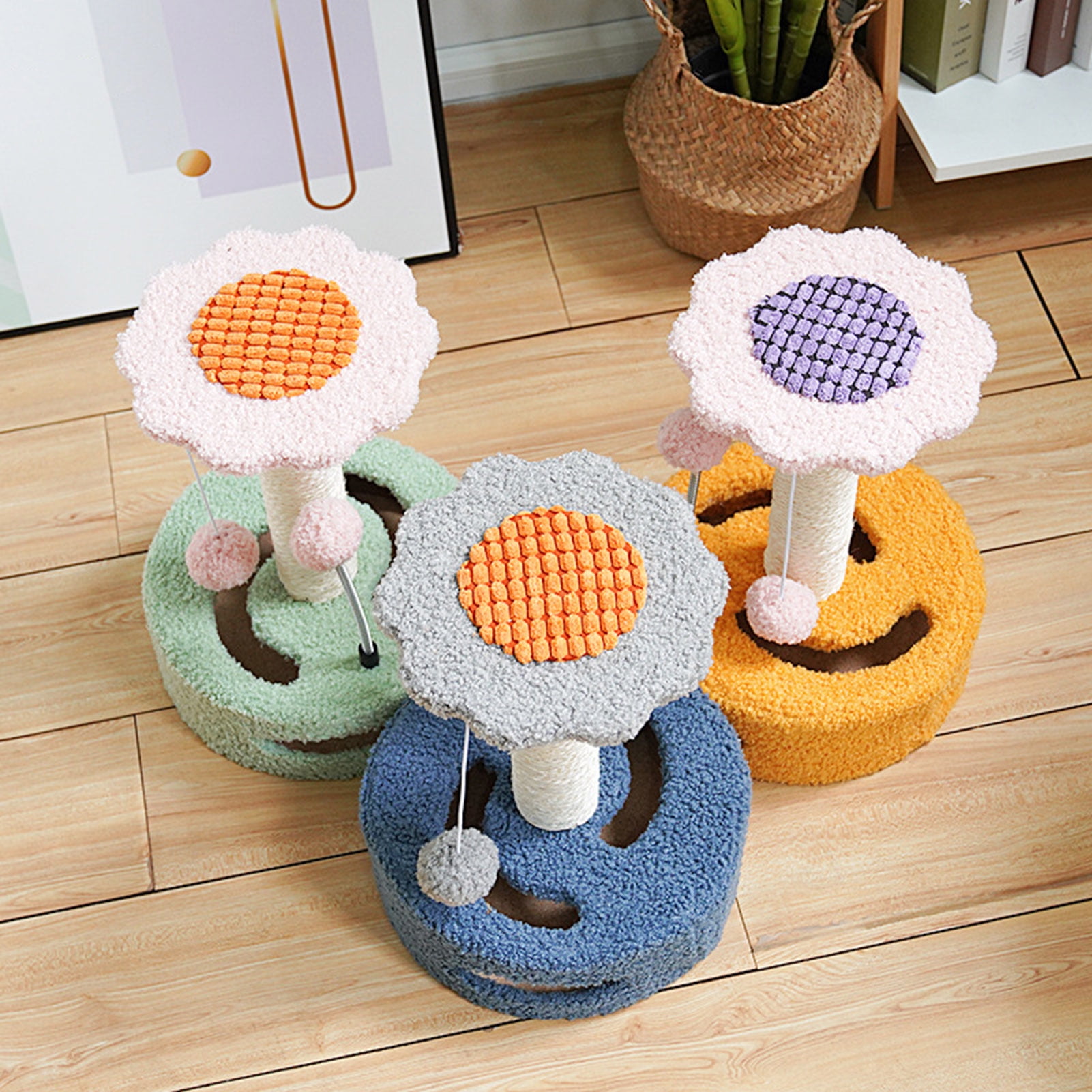 DOPI Cat Climbing Frame Sunflower Shape Tear-resistant Sisal Cartoon Kitten Scratching Post with Pompom Pet Supplies