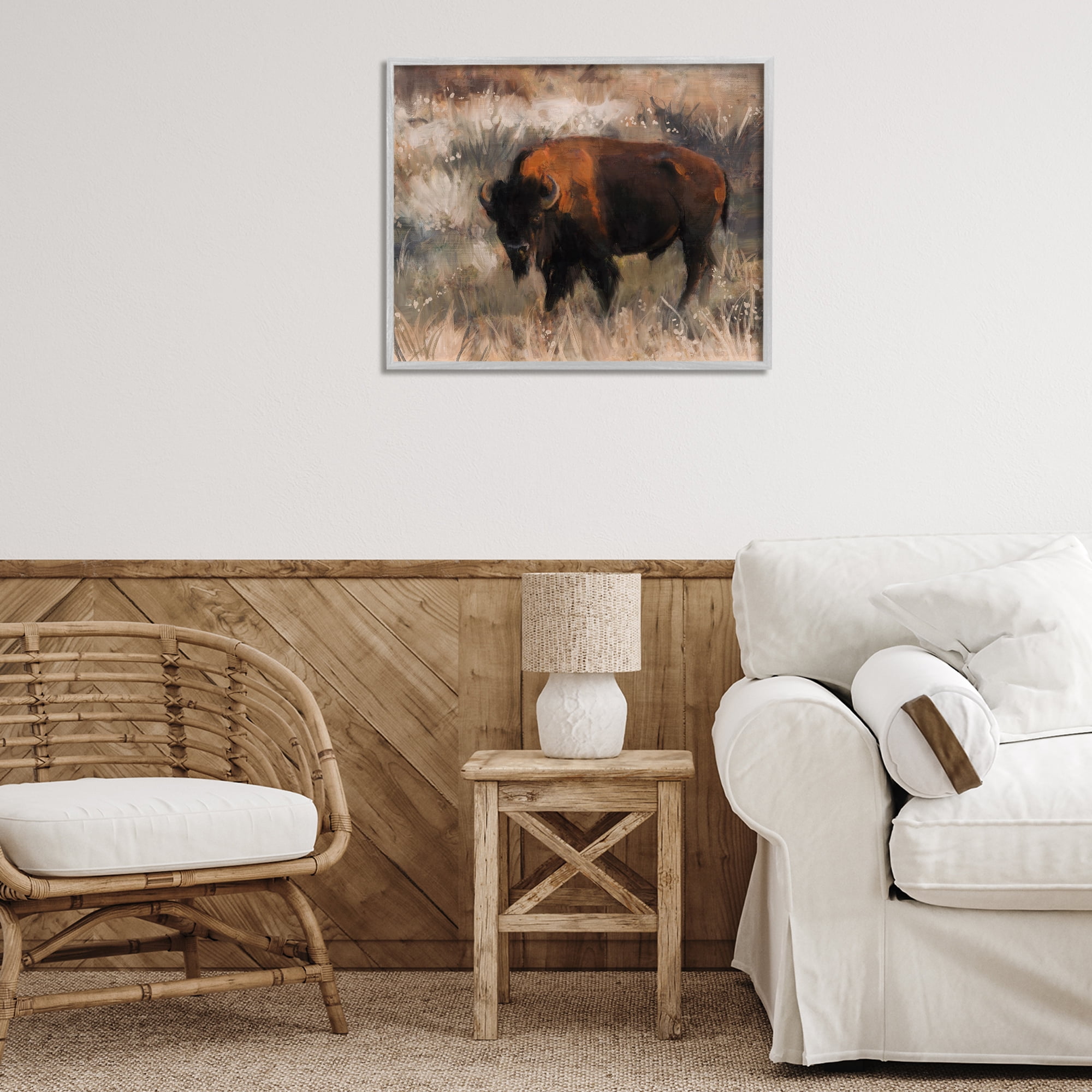 Stupell Industries Traditional Bison Range Animals & Insects Painting Gray Framed Art Print Wall Art, 30 x 24