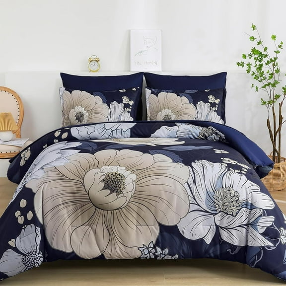 7 Pieces Bed in a Bag Navy Blue Floral Comforter Set King Size Boho Flower Bedding Sets Lightweight for All Season