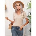 thumbnail image 6 of Women's V Neck Short Sleeve Collared Cable Sweaters Tops Solid Knit Soft Pullover Shirt Top for Casual Khaki S, 6 of 10