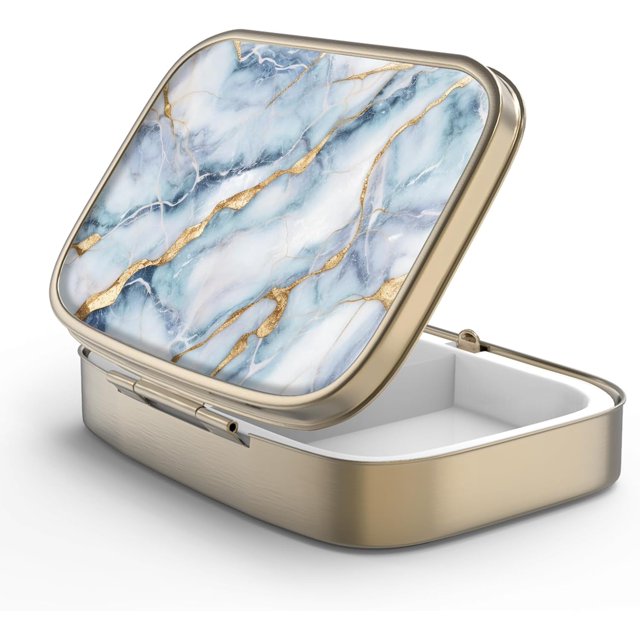 Boîte à Pilules avec Miroir Rétro 2 Compartiments Petite Boîte à Pilules pour Sac à Main Ou Poche Bronze Rectangulaire Ou Vitamines, Huile de Poisson, Suppléments, Contenant de Pilules Cadeaux de Voyage (Marbre Blanc Bleu)