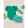 thumbnail image 4 of vera natura Baby Girls Shorts Set, Short Sleeve Letters Print Romper with Shamrock Skort and Hairband Summer Outfit, 4 of 9