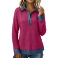 thumbnail image 4 of Trendfront Womens Denim Patchwork Knit Tops Lapel Collar Casual Loose Fit Long Sleeve Tee Trendy Fashion T Shirts Pullover Daily Outfits, 4 of 7
