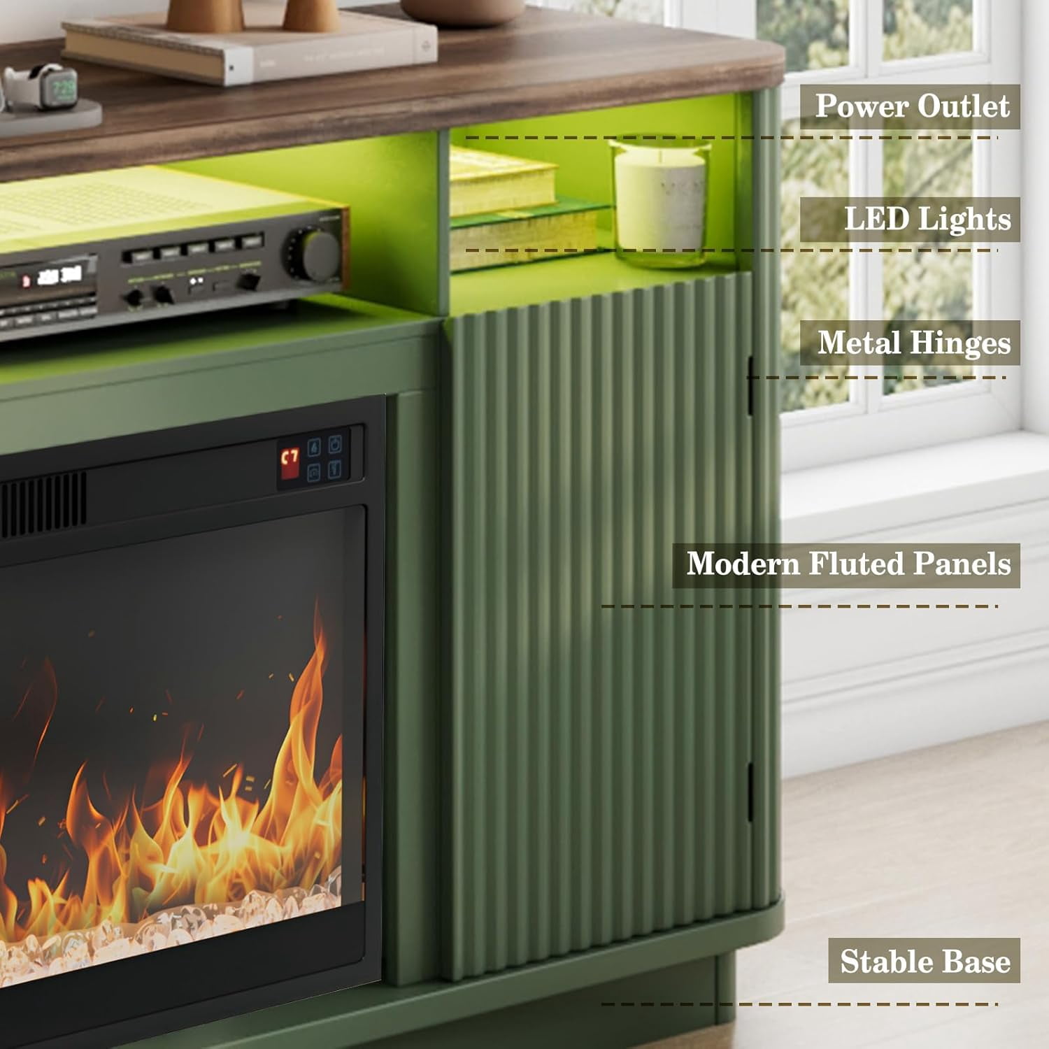 ANPOO 71" Fluted Fireplace TV Stand for 75/85" TVs with 36" Electric Fireplace, Modern Entertainment Center with LED Light & Power Outlet, Wooden Media Console TV Stand for Living Room, Green