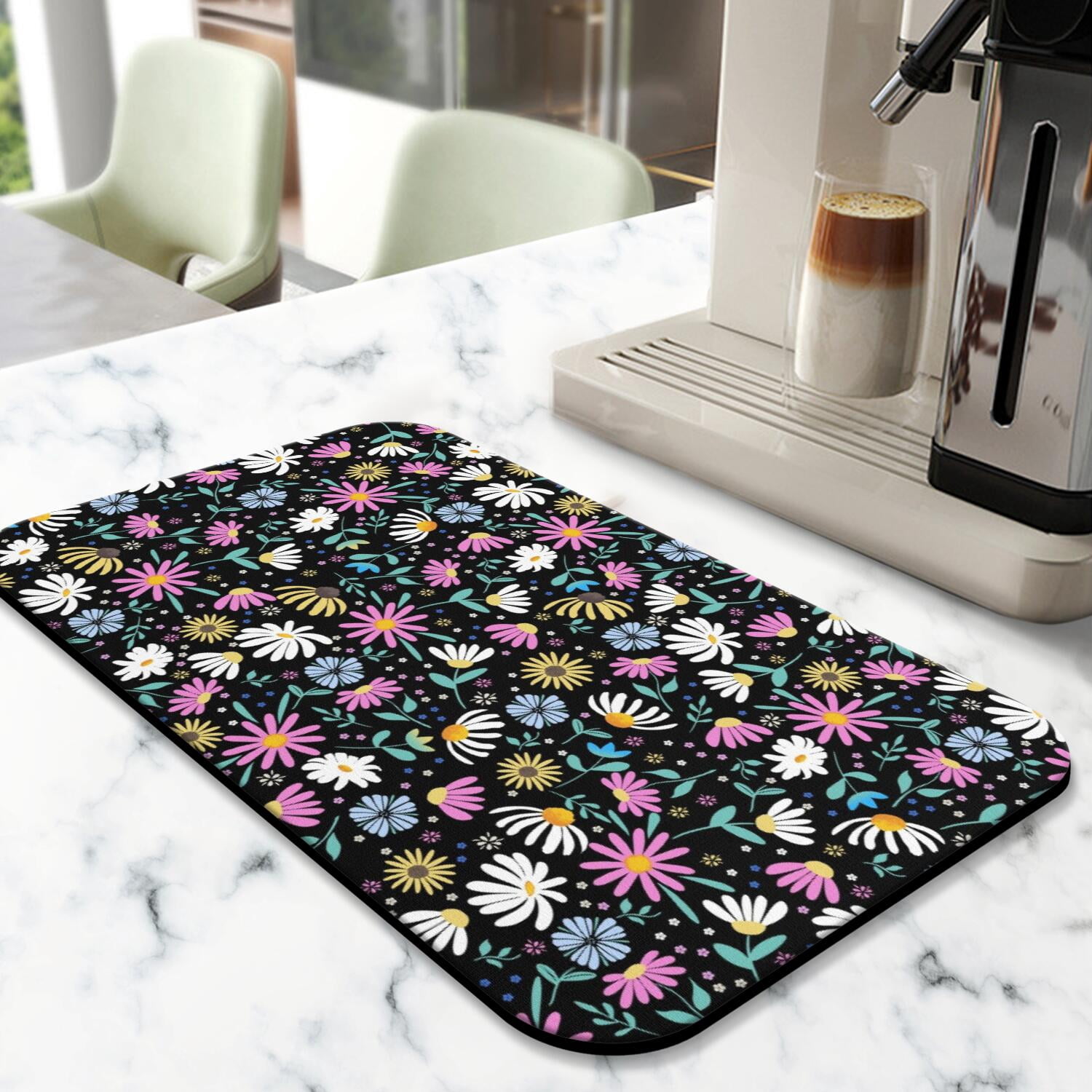 2 Pack Washable Rubber Daisy Cute Floral Dish Drying Mats for Kitchen Counter Home Large Coffee Bar Pad Accessories and Decor for Utensils Stemware (2pcs 18''x24''+19.5''x12'')