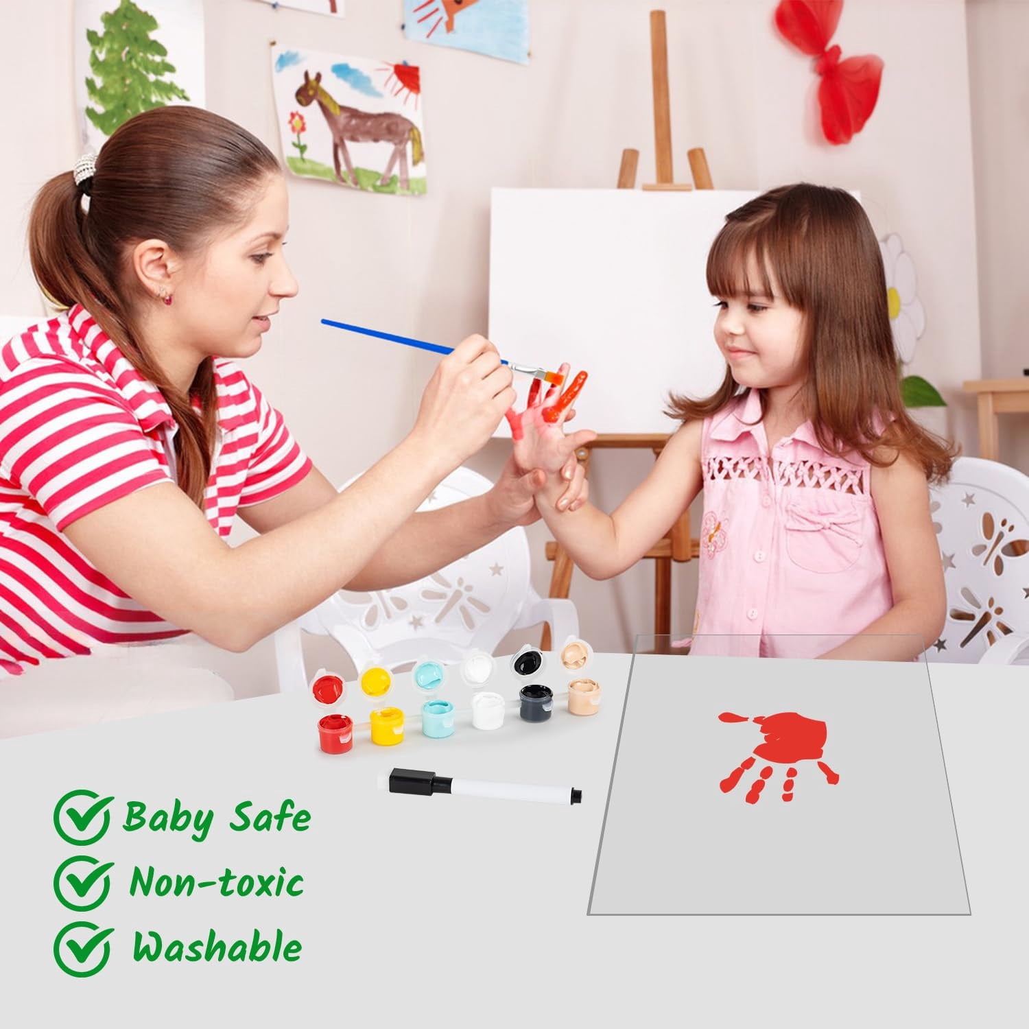 Family Handprint Kit, DIY Craft Keepsake Frame,Baby Hand Print Kits,Handmade Keepsake Wooden Frame Endless Gift Set 4 Transparent Sheets 6 Non -Toxic Paint Colors,Family Gifts for New Mom, New Parents