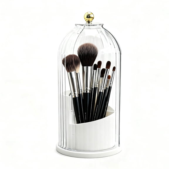 360‑Degree Rotating Dustproof Makeup Brush Holder, Clear Lid Cosmetic Organizer for Vanity Countertop