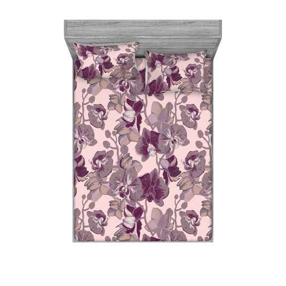 Orchid Pattern Fitted Sheet & Pillow Sham Set, Modern Silhouettes of Neutral Boho Water Flowers with Dots Ornament, Decorative Printed 3 Piece Bedding Decor, Full, Maroon Pale Pink, by Ambesonne