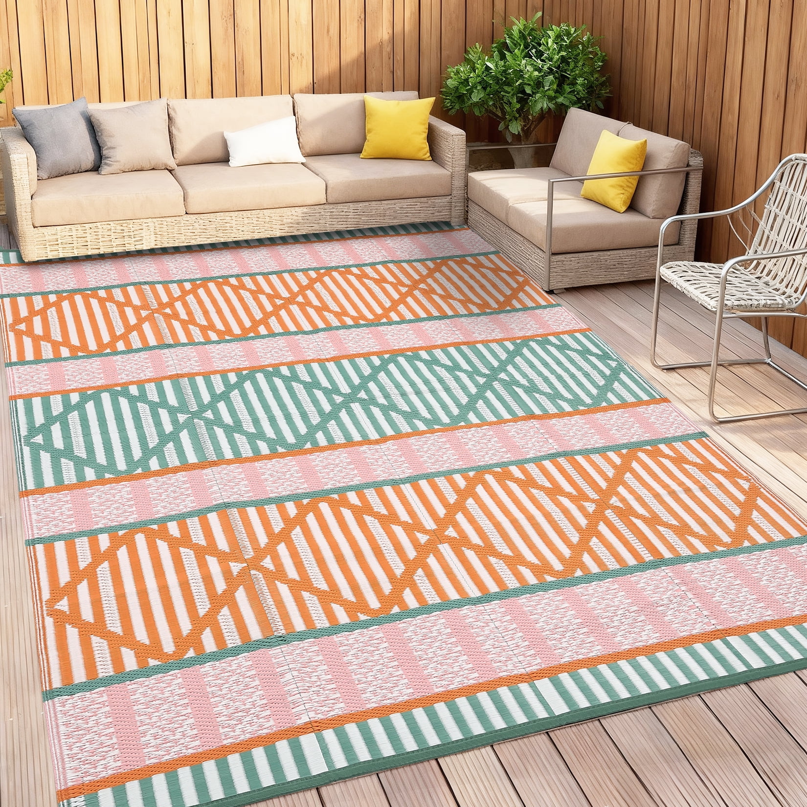 Garvee 8'x10' Outdoor Rug Waterproof Outdoor Patio Rug Mat, Reverisble Plastic Straw Outdoor Rug for RV Camping Picnic Beach Balcony, Colorful