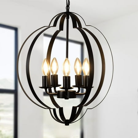 

DingLiLighting 5 Light Rustic Chandelier Ceiling Light Farmhouse Pendant Light Metal Frame Pendant Light for Living Room Kitchen Bedroom Entry black