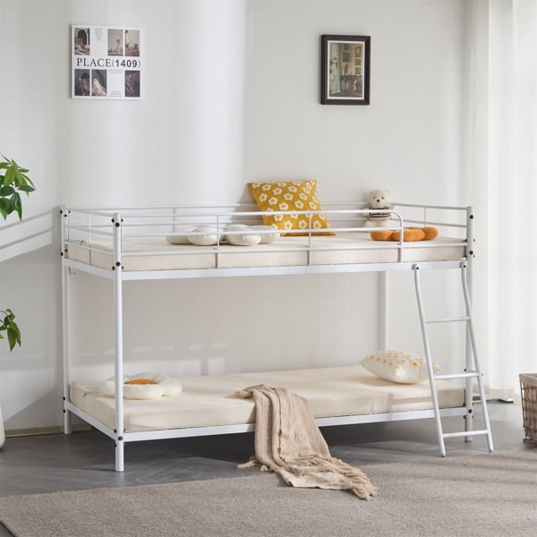 Alvantor Twin over Twin Low-Profile Metal Bunk Bed with Angled Ladder and Guardrails for Kids Teens Adults, White