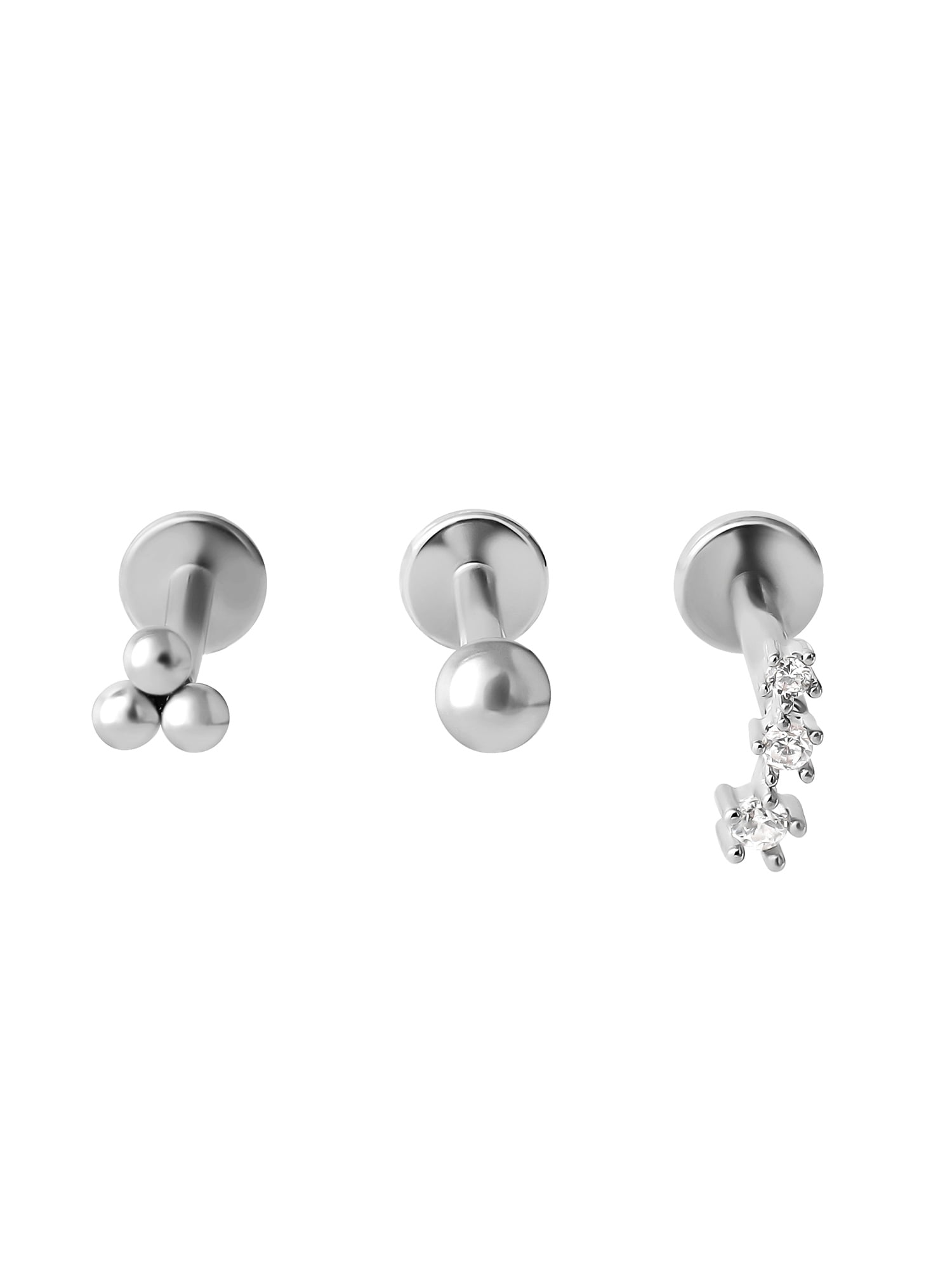No Boundaries Women's CZ Cartilage Stud Pack, Stainless Steel, 3-Piece Set