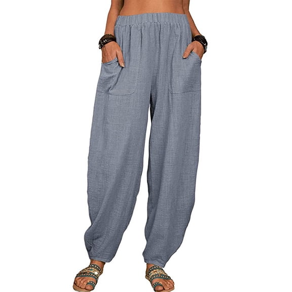 QLEICOM Womens Slacks Women's Relaxed Fit Straight Leg Pants Fashion Summer Loose Cotton And Linen Pocket Solid Trousers Pants Work Cargo Casual Pants Wide Leg Pants Relaxed Fit Trousers Gray S