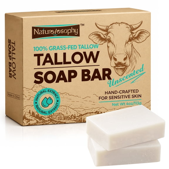 Naturolosophy Unscented Daily Use Gentle for Sensitive Skin Grass-Fed Tallow Bar Soap with Jojoba & Avocado Oil, 4 oz Bar