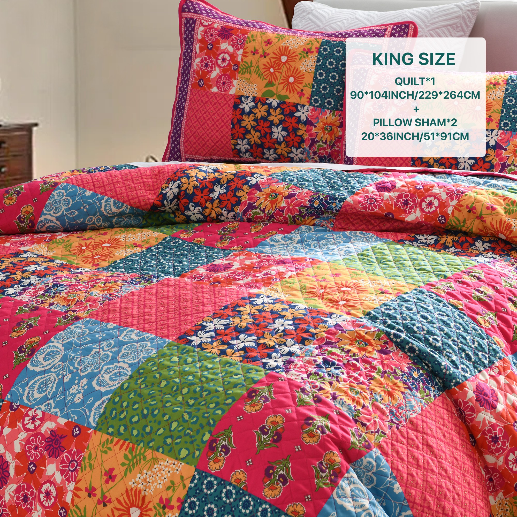 CHARRYARN King Comforter Set-Red Lightweight Patchwork-All Season Bedspread-Super Soft Quilt （1 Quilt, 2 Pillow Shams, Red）