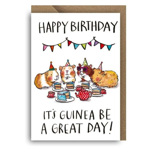 Happy Birthday Guinea Pig Card – Cute Illustrated Card with Festive Banners and Animals – Perfect for Pet Lovers' Birthdays – Blank Inside with Envelope Included