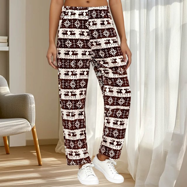 Pantalones de dormir de franela suave con cintura elástica para mujer, con estampado festivo y bolsillos laterales. Pantalones de poliéster para mujer.