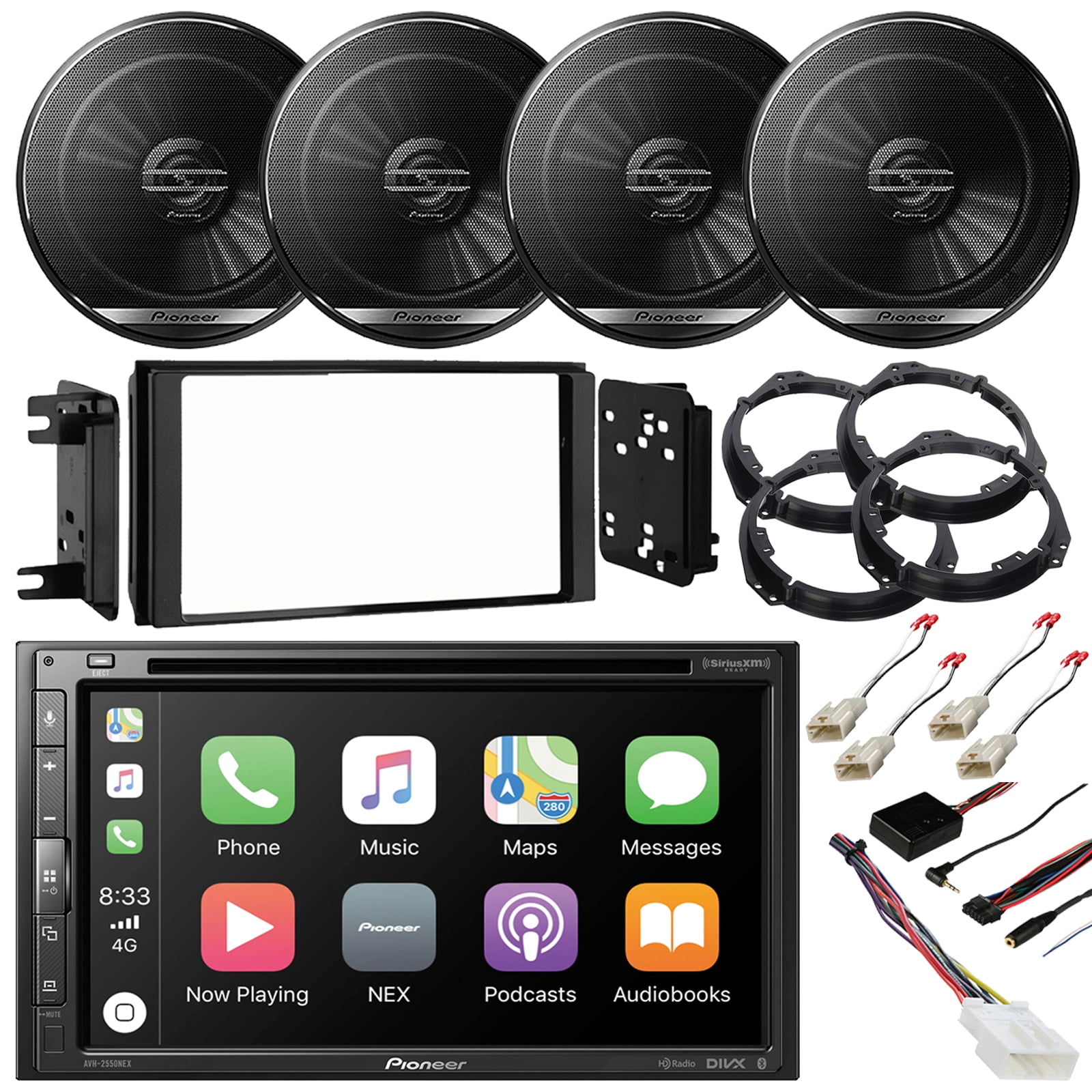 Pioneer 6.8" Double-DIN Touchscreen Multimedia DVD Bluetooth Apple CarPlay Receiver, 6.5" 300 Watt Speakers, Dash Kit, Wiring Harness, Speaker Brackets, Speaker Adapter, Steering Controls - Walmart.com