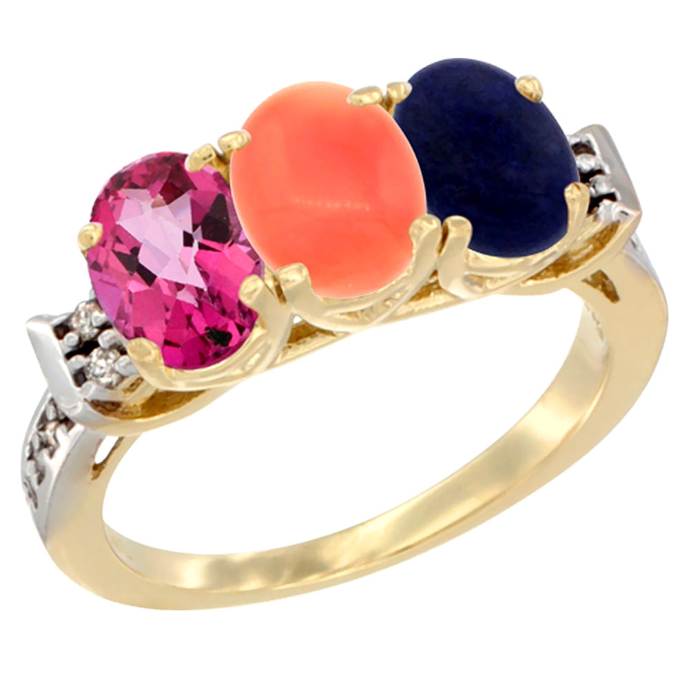 14K Yellow Gold Natural Pink Topaz, Coral & Lapis Ring 3-Stone Oval 7x5 mm Diamond Accent, sizes 5 10 by WorldJewels